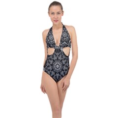 Black And White Pattern Halter Front Plunge Swimsuit by Sobalvarro