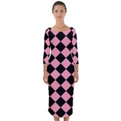 Block Fiesta Black And Flamingo Pink Quarter Sleeve Midi Bodycon Dress by FashionBoulevard