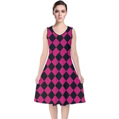 Block Fiesta Black And Peacock Pink V-neck Midi Sleeveless Dress  by FashionBoulevard