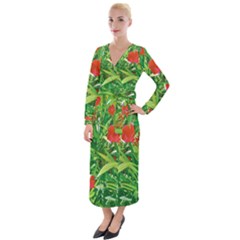 Red Flowers And Green Plants At Outdoor Garden Velvet Maxi Wrap Dress by dflcprintsclothing