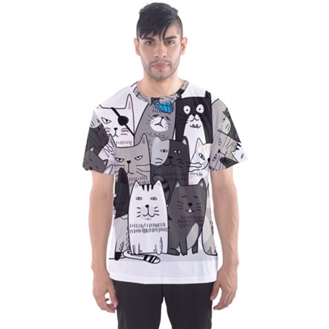 Cute Cat Hand Drawn Cartoon Style Men s Sports Mesh Tee by Vaneshart