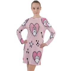 Cartoon Cute Valentines Day Doodle Heart Love Flower Seamless Pattern Vector Long Sleeve Hoodie Dress by Vaneshart