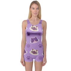 Cute Colorful Cat Kitten With Paw Yarn Ball Seamless Pattern One Piece Boyleg Swimsuit by Vaneshart