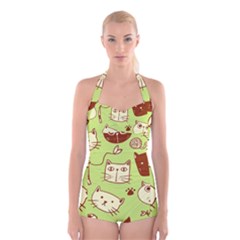 Cute Hand Drawn Cat Seamless Pattern Boyleg Halter Swimsuit  by Vaneshart