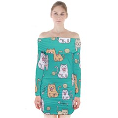 Seamless Pattern Cute Cat Cartoon With Hand Drawn Style Long Sleeve Off Shoulder Dress by Vaneshart