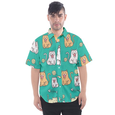 Seamless Pattern Cute Cat Cartoon With Hand Drawn Style Men s Short Sleeve Shirt by Vaneshart