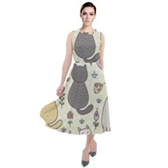 Funny Cartoon Cats Seamless Pattern  Round Neck Boho Dress by Vaneshart