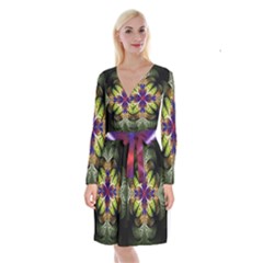 Fractal Flower Fantasy Design Long Sleeve Velvet Front Wrap Dress by Wegoenart