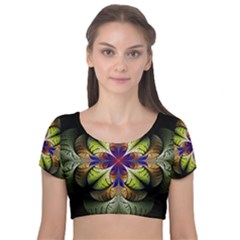 Fractal Flower Fantasy Design Velvet Short Sleeve Crop Top  by Wegoenart