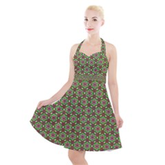 Background Green Ornamental Pattern Halter Party Swing Dress  by Wegoenart