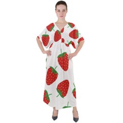 Seamless Pattern Fresh Strawberry V-neck Boho Style Maxi Dress by Wegoenart