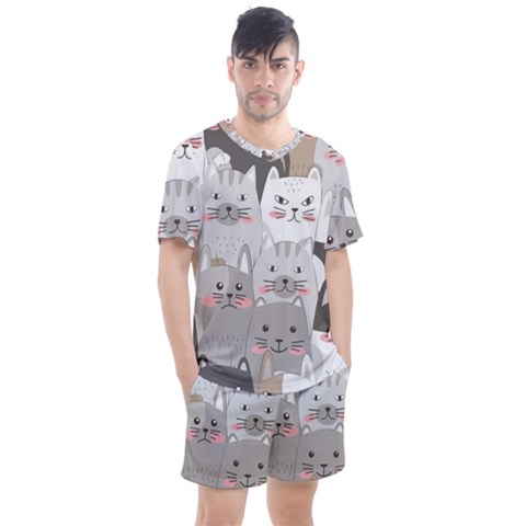 Cute Cats Seamless Pattern Men s Mesh Tee And Shorts Set by Wegoenart