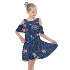 Cat Cosmos Cosmonaut Rocket Kids  Shoulder Cutout Chiffon Dress by Wegoenart