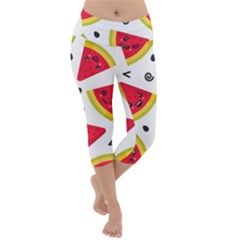 Cute Smiling Watermelon Seamless Pattern White Background Lightweight Velour Capri Yoga Leggings by Nexatart