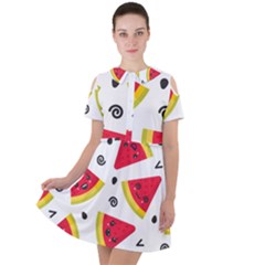 Cute Smiling Watermelon Seamless Pattern White Background Short Sleeve Shoulder Cut Out Dress  by Nexatart