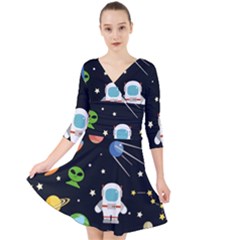 Space Astronomy Decorative Symbols Seamless Pattern Vector Illustration Quarter Sleeve Front Wrap Dress by Nexatart