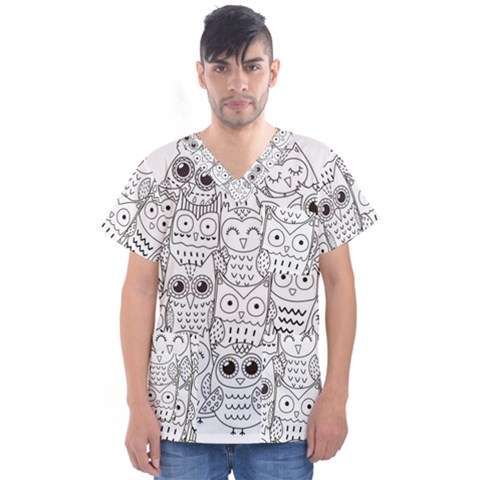 Circle Shape Pattern With Cute Owls Coloring Book Men s V-neck Scrub Top by Nexatart