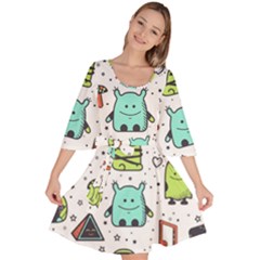 Seamless Pattern With Funny Monsters Cartoon Hand Drawn Characters Colorful Unusual Creatures Velour Kimono Dress by Nexatart