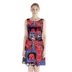 Abstract Grunge Urban Pattern With Monster Character Super Drawing Graffiti Style Vector Illustratio Sleeveless Waist Tie Chiffon Dress by Nexatart