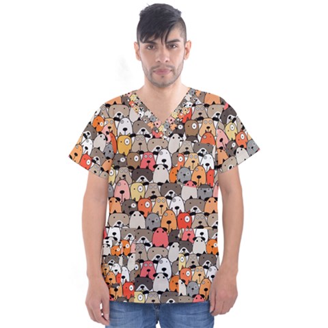 Cute Dog Seamless Pattern Background Men s V-neck Scrub Top by Nexatart