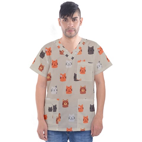 Cat Faces Pattern Men s V-neck Scrub Top by Nexatart