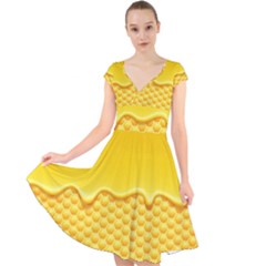 Sweet Honey Drips With Honeycomb Cap Sleeve Front Wrap Midi Dress by Vaneshart