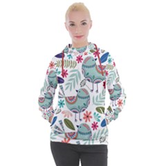 Floral Pattern With Birds Flowers Leaves Dark Background Women s Hooded Pullover by Vaneshart