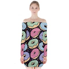 Colorful Donut Seamless Pattern On Black Vector Long Sleeve Off Shoulder Dress by Sobalvarro