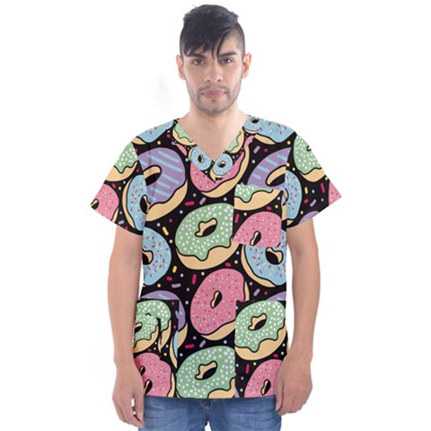 Colorful Donut Seamless Pattern On Black Vector Men s V-neck Scrub Top by Sobalvarro