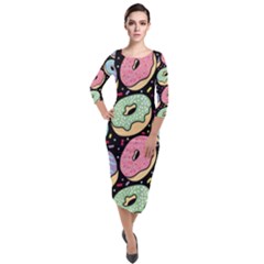 Colorful Donut Seamless Pattern On Black Vector Quarter Sleeve Midi Velour Bodycon Dress by Sobalvarro