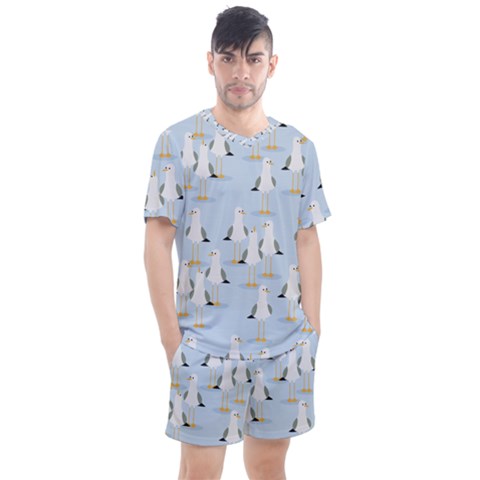 Cute Seagulls Seamless Pattern Light Blue Background Men s Mesh Tee And Shorts Set by Wegoenart