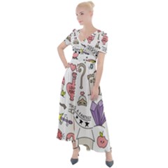 Fantasy Things Doodle Style Vector Illustration Button Up Short Sleeve Maxi Dress by Wegoenart