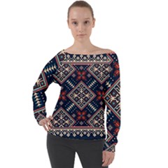 Ukrainian Folk Seamless Pattern Ornament Off Shoulder Long Sleeve Velour Top by Wegoenart