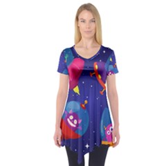 Cartoon Funny Aliens With Ufo Duck Starry Sky Set Short Sleeve Tunic  by Vaneshart