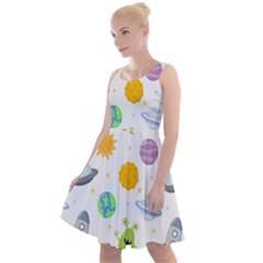 Seamless Pattern Cartoon Space Planets Isolated White Background Knee Length Skater Dress by Vaneshart