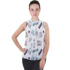 Music Themed Doodle Seamless Background Mock Neck Chiffon Sleeveless Top by Vaneshart