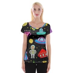 Seamless Pattern With Space Objects Ufo Rockets Aliens Hand Drawn Elements Space Cap Sleeve Top by Vaneshart