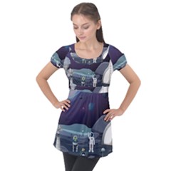 Alien Astronaut Scene Puff Sleeve Tunic Top by Vaneshart