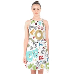 Seamless Pattern Vector With Funny Robots Cartoon Halter Collar Waist Tie Chiffon Dress by Vaneshart