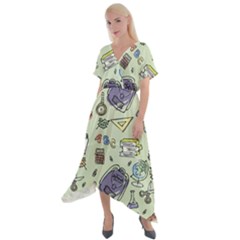 Hand Drawn Pattern School Cross Front Sharkbite Hem Maxi Dress by Vaneshart