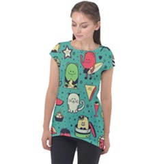 Seamless Pattern With Funny Monsters Cartoon Hand Drawn Characters Unusual Creatures Cap Sleeve High Low Top by Vaneshart