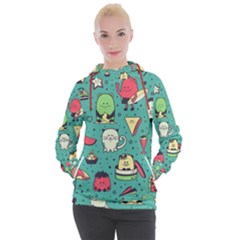 Seamless Pattern With Funny Monsters Cartoon Hand Drawn Characters Unusual Creatures Women s Hooded Pullover by Vaneshart