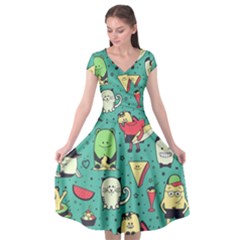 Seamless Pattern With Funny Monsters Cartoon Hand Drawn Characters Unusual Creatures Cap Sleeve Wrap Front Dress by Vaneshart