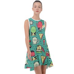 Seamless Pattern With Funny Monsters Cartoon Hand Drawn Characters Unusual Creatures Frill Swing Dress by Vaneshart