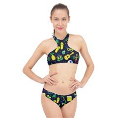 Seamless Brazilian Carnival Pattern With Musical Instruments High Neck Bikini Set by Vaneshart