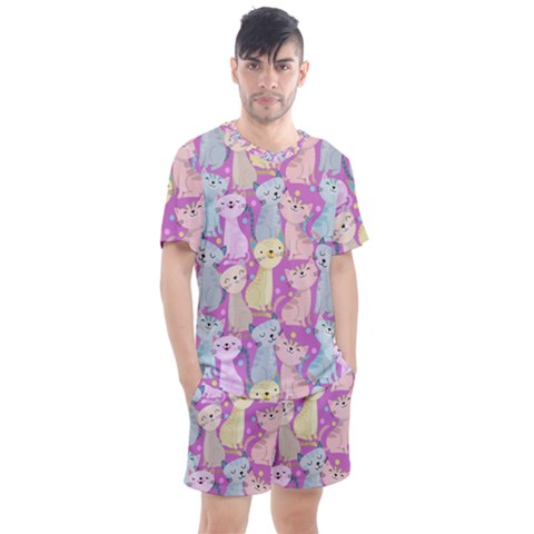 Colorful Cute Cat Seamless Pattern Purple Background Men s Mesh Tee And Shorts Set by Vaneshart