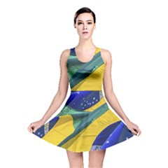 Brazil Flags Waving Background Reversible Skater Dress by dflcprintsclothing