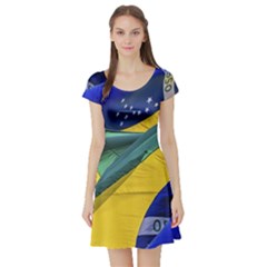 Brazil Flags Waving Background Short Sleeve Skater Dress by dflcprintsclothing