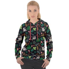 Floral Pattern With Plants Sloth Flowers Black Backdrop Women s Overhead Hoodie by Vaneshart