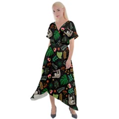 Floral Pattern With Plants Sloth Flowers Black Backdrop Cross Front Sharkbite Hem Maxi Dress by Vaneshart